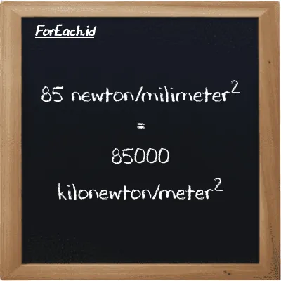 Cara konversi newton/milimeter<sup>2</sup> ke kilonewton/meter<sup>2</sup> (N/mm<sup>2</sup> ke kN/m<sup>2</sup>): 85 newton/milimeter<sup>2</sup> (N/mm<sup>2</sup>) setara dengan 85 dikalikan dengan 1000 kilonewton/meter<sup>2</sup> (kN/m<sup>2</sup>)